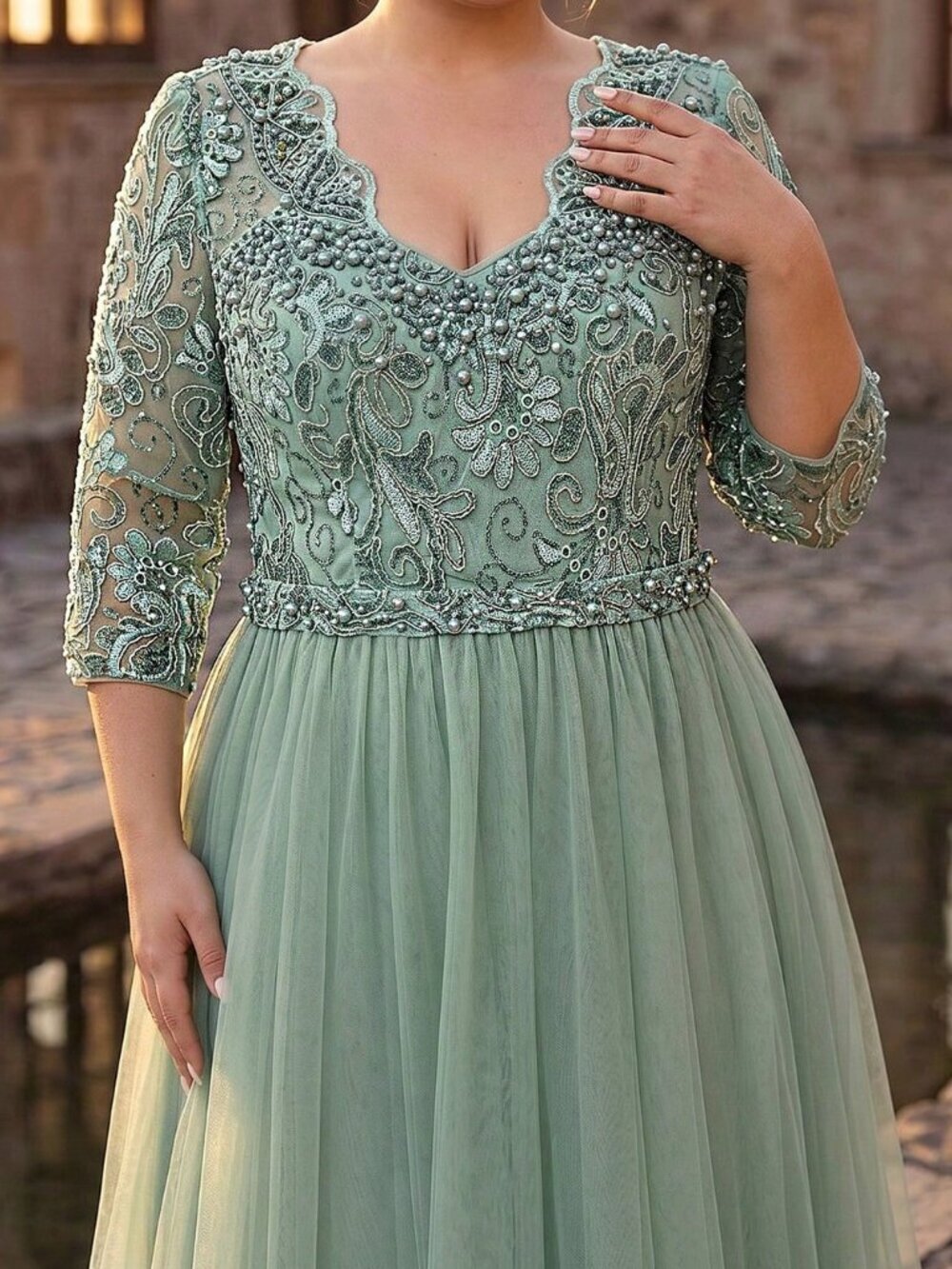 Green Women's Plus Size Elegant Sequin Mesh V-Neck 3/4 Sleeve A-Line Hem Dress
